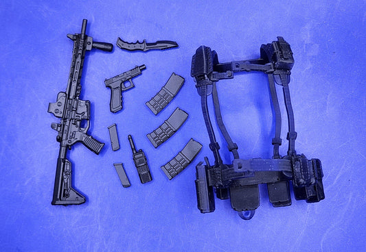 Web Gear Loadout with AR-15 and 3 detachable clips, Glock 17 and 2 clips, walkie talkie, knife - 1/12 scale