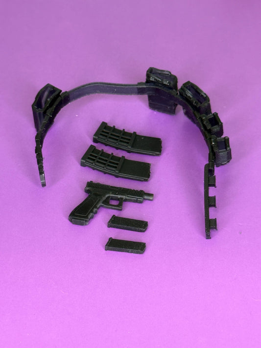 Belt with holster, handgun, 2 pistol mags, and 2 rifle mags - 1/12 scale 3d printed loadout
